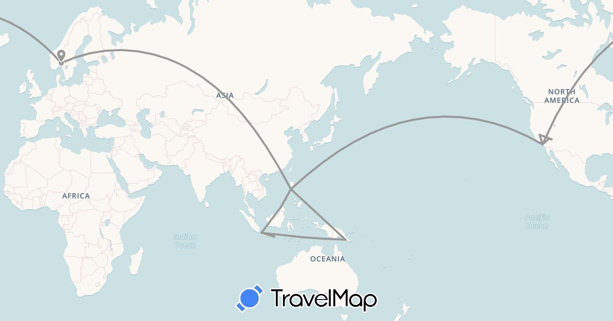 TravelMap itinerary: driving, plane in Indonesia, Malaysia, Norway, Papua New Guinea, Philippines, United States (Asia, Europe, North America, Oceania)